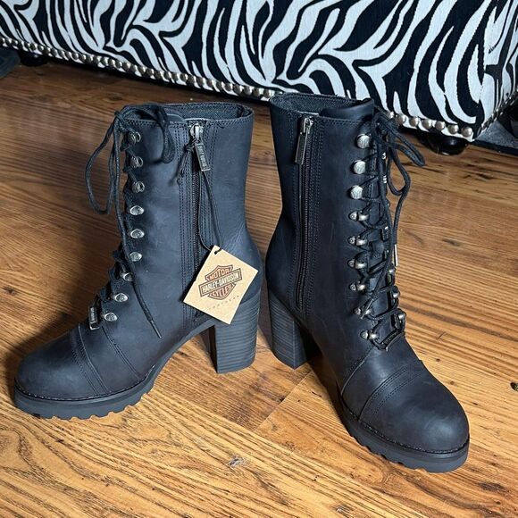 Harley Davidson Women’s Black 7” Lace Up D84701 Seneca Motorcycle Boot - Picture 2 of 9